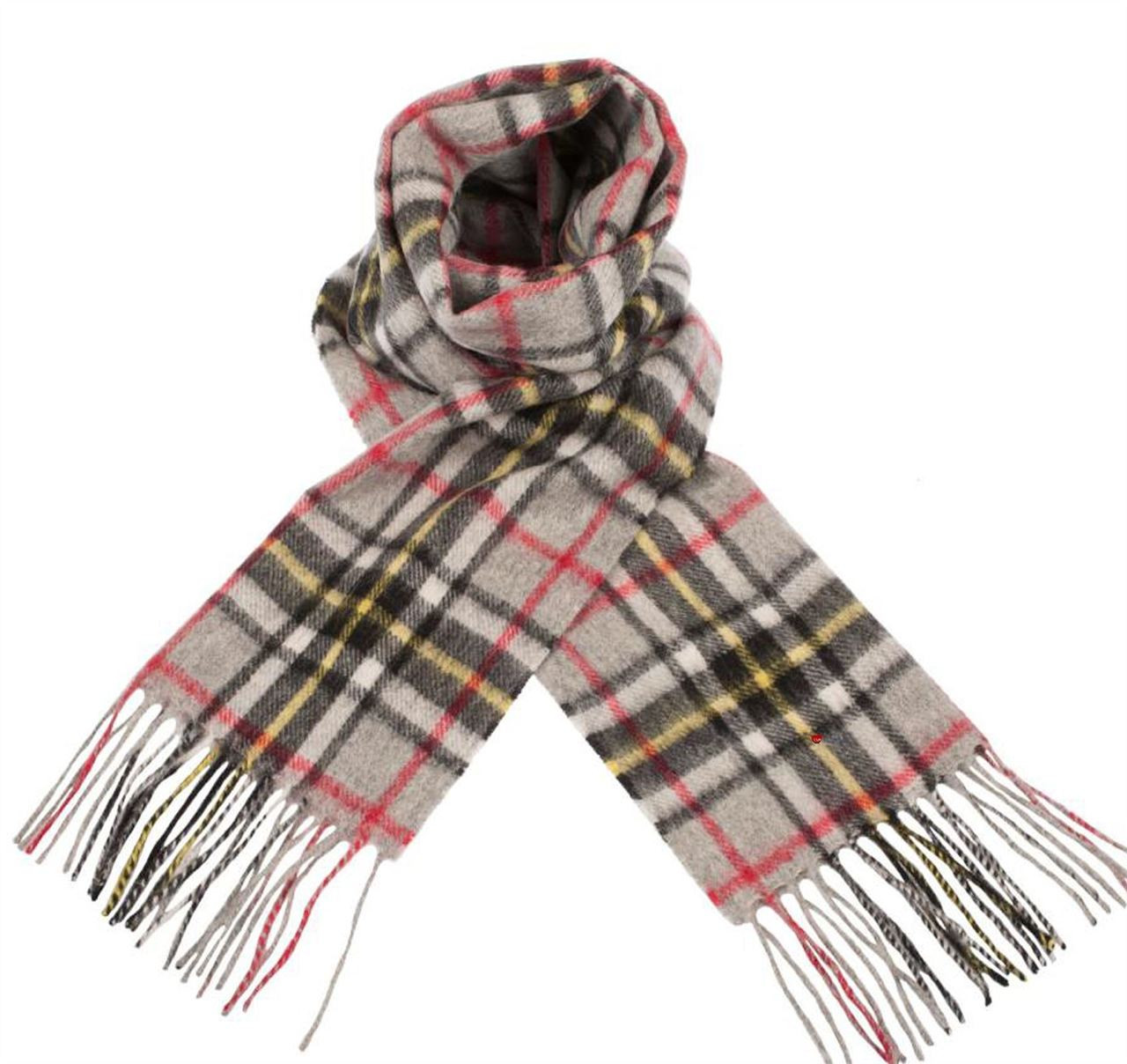 Unisex Lambswool Scarf In Muted Grey Thomson Tartan Design 30cm Wide