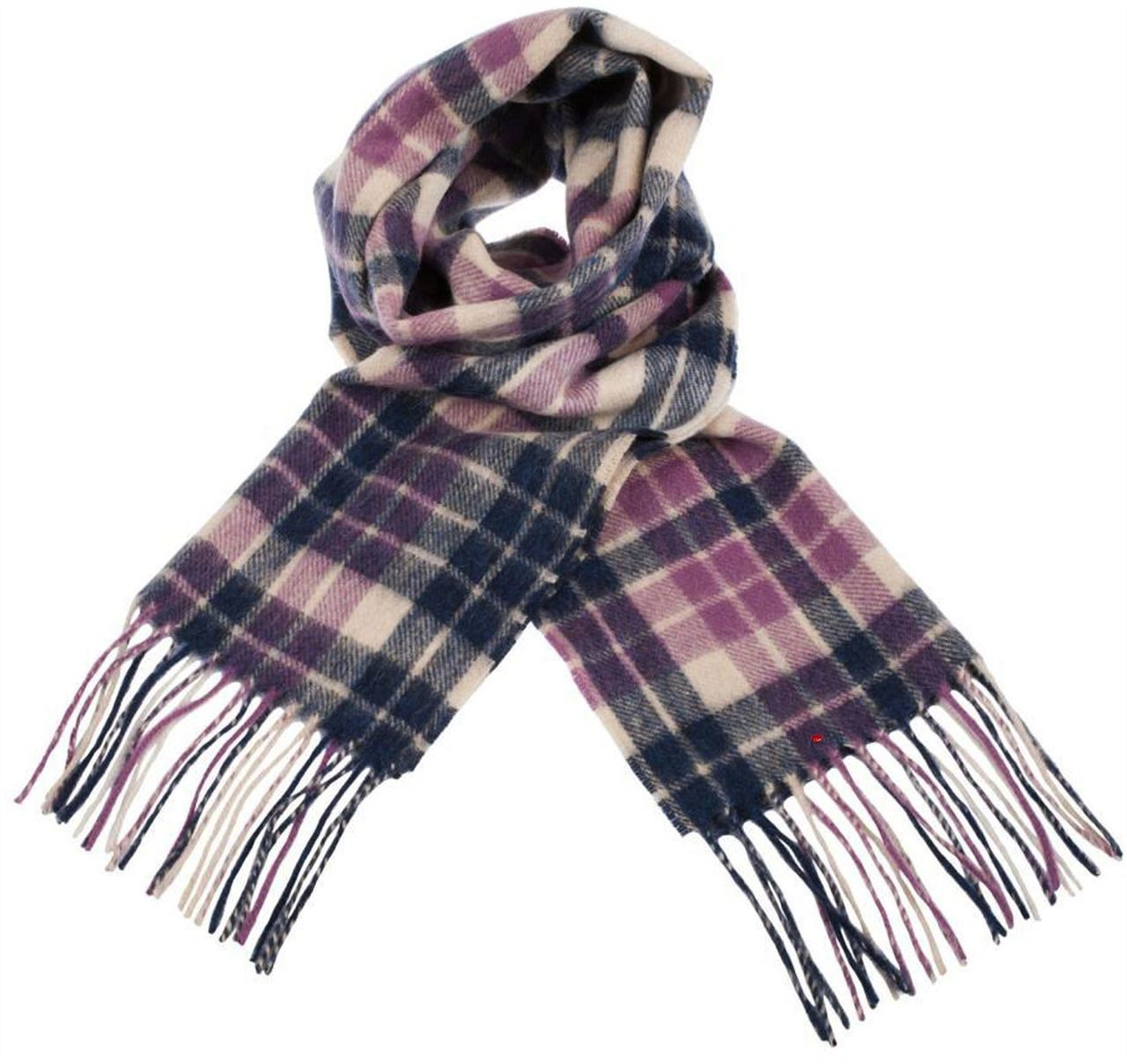 Unisex Lambswool Scarf In Navy Purple White Tartan Design 30cm Wide