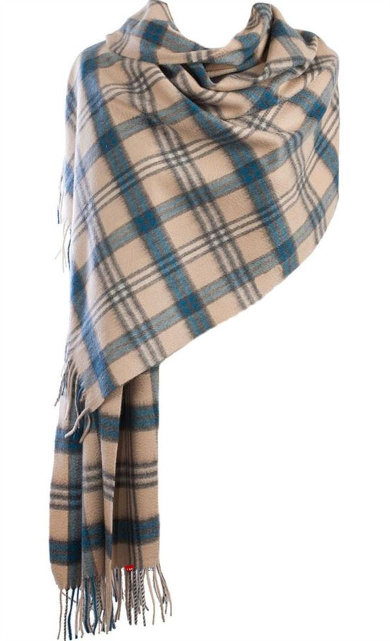 Cashmere Stole In Montgomery Blue Tartan Design 71cm Wide