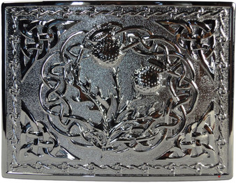 Highland Chrome Kilt Buckle Celtic Knot Corner Double Thistle Design