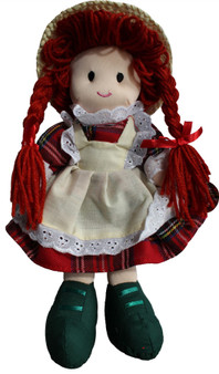 Rag Doll Scottish Girls Toy for Children Sitting With Tartan Dress and Red Hat