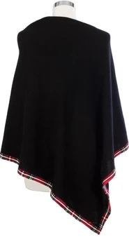 Cashmere Poncho with Tartan Edge Trim In Black 81cm Long