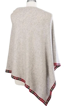 Cashmere Poncho with Tartan Edge Trim in Light Grey 81cm Long