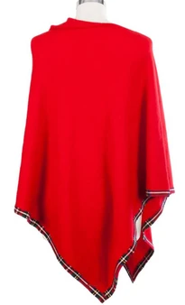 Cashmere Poncho with Tartan Edge Trim in Red 81cm Long