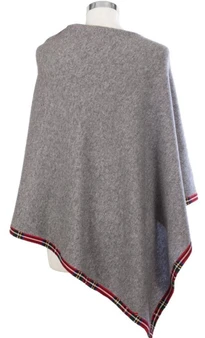 Cashmere Poncho with Tartan Edge Trim in Grey 81cm Long