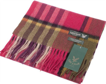 Lyle & Scott Unisex Cashmere Scarf In Radicchio Eminence Tartan Design 25.5 cm Wide