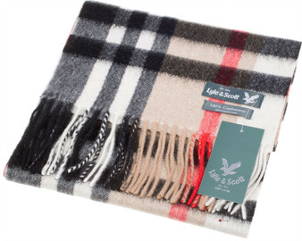 Lyle & Scott Unisex Cashmere Scarf In Exploded Thomson Camel Tartan 25.5 cm Wide