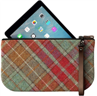Small Leather Clutch Bag With Autumn Tartan Large Enough to Fit iPad Mini