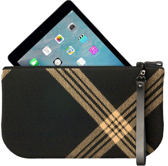 Small Leather Clutch Bag With Celtic Black Tartan Large Enough to Fit iPad Mini