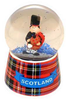 Scottish Waterball Snowglobe Piper Standing On Large Tartan Base Gift Snowglobe