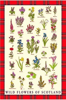 Tea Towel With Scottish Wild Flowers and Red Scottish Tartan