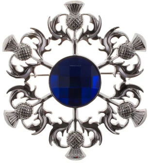 Thistle Brooch with Blue Square Pattern Stone Chrome Finish