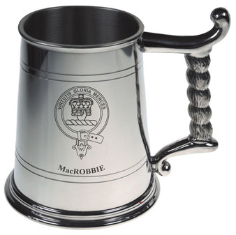 MacRobbie Crest Tankard with Rope Handle in Polished Pewter 1 Pint Capacity