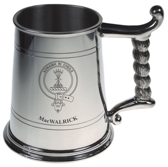 MacWalrick Crest Tankard with Rope Handle in Polished Pewter 1 Pint Capacity