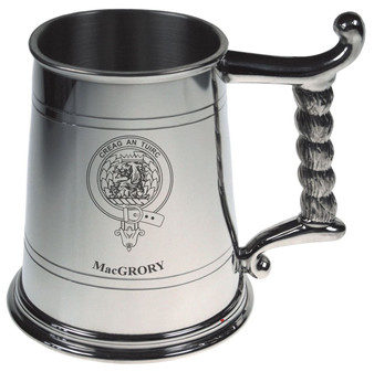 MacGrory Crest Tankard with Rope Handle in Polished Pewter 1 Pint Capacity