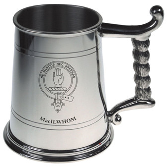 MacIlwhom Crest Tankard with Rope Handle in Polished Pewter 1 Pint Capacity