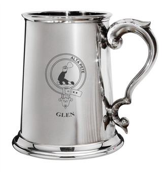 Glen Family Crest Polished Pewter 1 Pint Tankard with Scroll handle