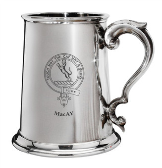 MacAy Family Crest Polished Pewter 1 Pint Tankard with Scroll handle