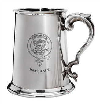 Drysdale Family Crest Polished Pewter 1 Pint Tankard with Scroll handle