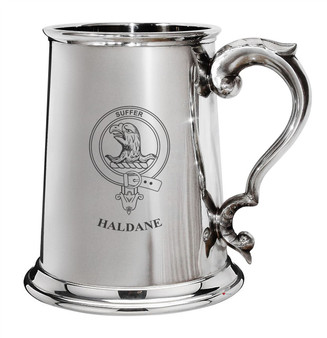 Haldane Family Crest Polished Pewter 1 Pint Tankard with Scroll handle