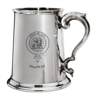 MacFeat Family Crest Polished Pewter 1 Pint Tankard with Scroll handle