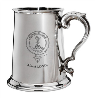 MacAlonie Family Crest Polished Pewter 1 Pint Tankard with Scroll handle