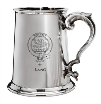 Lang Family Crest Polished Pewter 1 Pint Tankard with Scroll handle