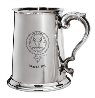 MacLure Family Crest Polished Pewter 1 Pint Tankard with Scroll handle
