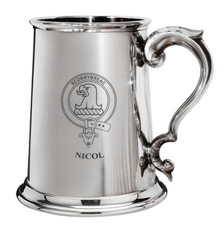 Nicol Family Crest Polished Pewter 1 Pint Tankard with Scroll handle