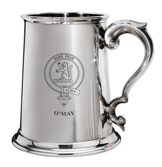 O'May Family Crest Polished Pewter 1 Pint Tankard with Scroll handle