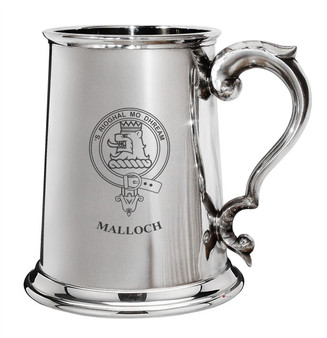 Malloch Family Crest Polished Pewter 1 Pint Tankard with Scroll handle