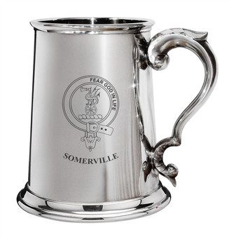 Somerville Family Crest Polished Pewter 1 Pint Tankard with Scroll handle