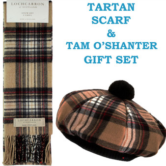 Stewart Camel Tartan Ladies Tammy Hat & Scarf Set Lambswool