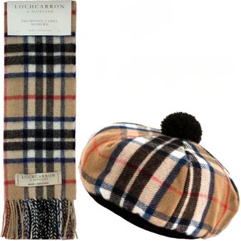 Thomson Camel Modern Tartan Ladies Tammy Hat & Scarf Set Lambswool