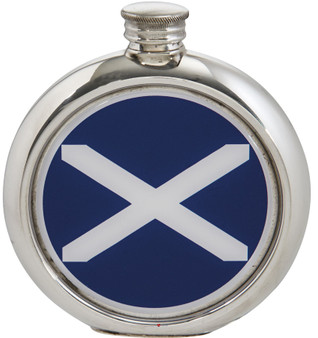 Round Pewter Hip Flask St Andrews Saltire Flag Picture 6oz Ideal for Engraving