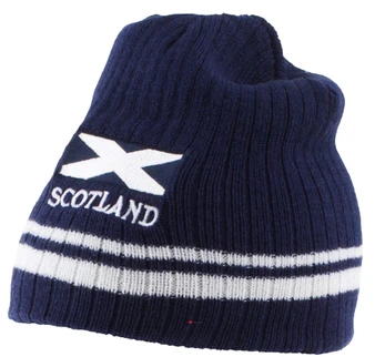 Saltire Flag Scotland Ribbed Beanie Winter Ski Hat Striped Navy White Scottish Gift