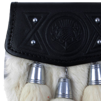 Traditional Scottish Half Dress Sporran Stud Thistle Leather Synthetic White Rabbit Fur