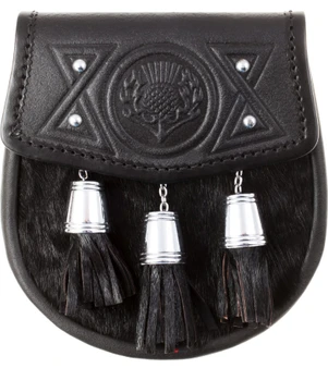 Traditional Scottish Half Dress Sporran Stud Thistle Leather Synthetic Black Goat Hide