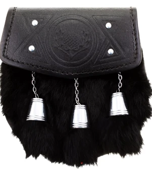 Traditional Scottish Half Dress Sporran Stud Thistle Leather Synthetic Black Rabbit Fur
