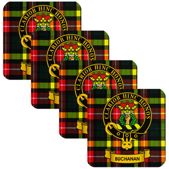 Buchanan Clan Crest Square Coasters Set of 4 Cork Backed From Scotland