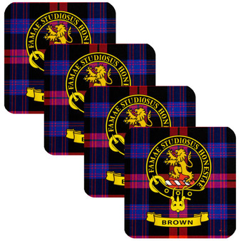 Brown Clan Crest Square Coasters Set of 4 Cork Backed From Scotland