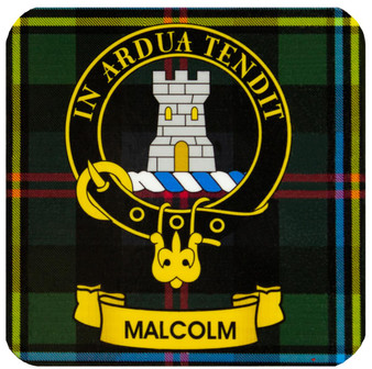 Malcolm Clan Crest Square Coasters Set of 4 Cork Backed From Scotland