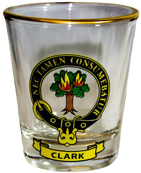 Clark Clan Crest Wee Dram Shot Glass Set of 2 Scottish Made