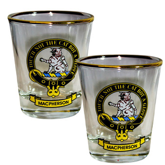 MacPherson Clan Crest Wee Dram Shot Glass Set of 2 Scottish Made