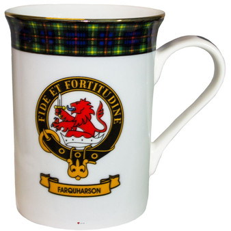 Bone China Coffee Tea Mug Farquharson Clan Crest Gold Rim Scottish Made