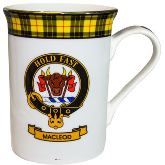 Bone China Coffee Tea Mug MacLeod Dress Yellow Clan Crest Gold Rim Scottish Made