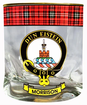 Morrison Clan Crested Tartan Edging Heavy Based Whisky Glass