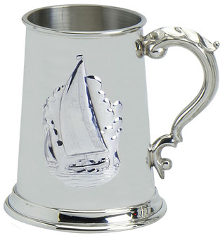 Pewter Tankard Handmade Embossed Sailing Yachting On Water Scene Ornate Handle Great Gift