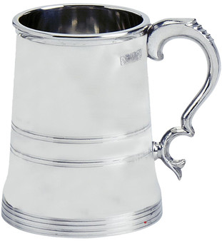 Pewter Tankard Kings Plain Shape Double Band Ornate Handle 1pt Glass Base Great Gift