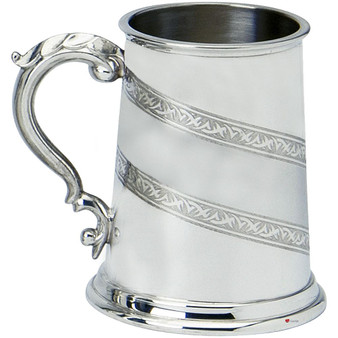 Pewter Tankard Handmade 1pt Diagonal Tribal Satin Band Polished Finish Ornate Great Gift